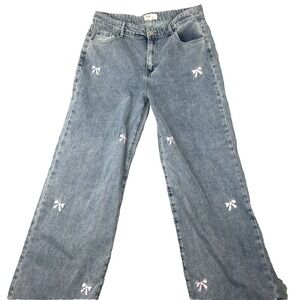 1030 TenThirty Jeans Womens 13/31 High Rise Wide Leg Pink Bow Embroidered Denim